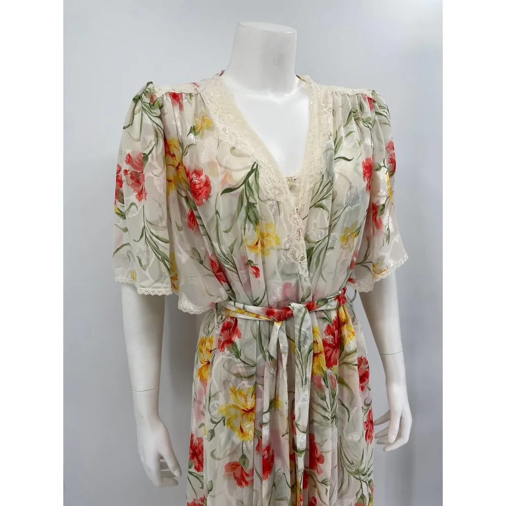 Natori Vintage Robe Nightdress Set Orange Yellow Floral Lace Trim Size S - Image 9