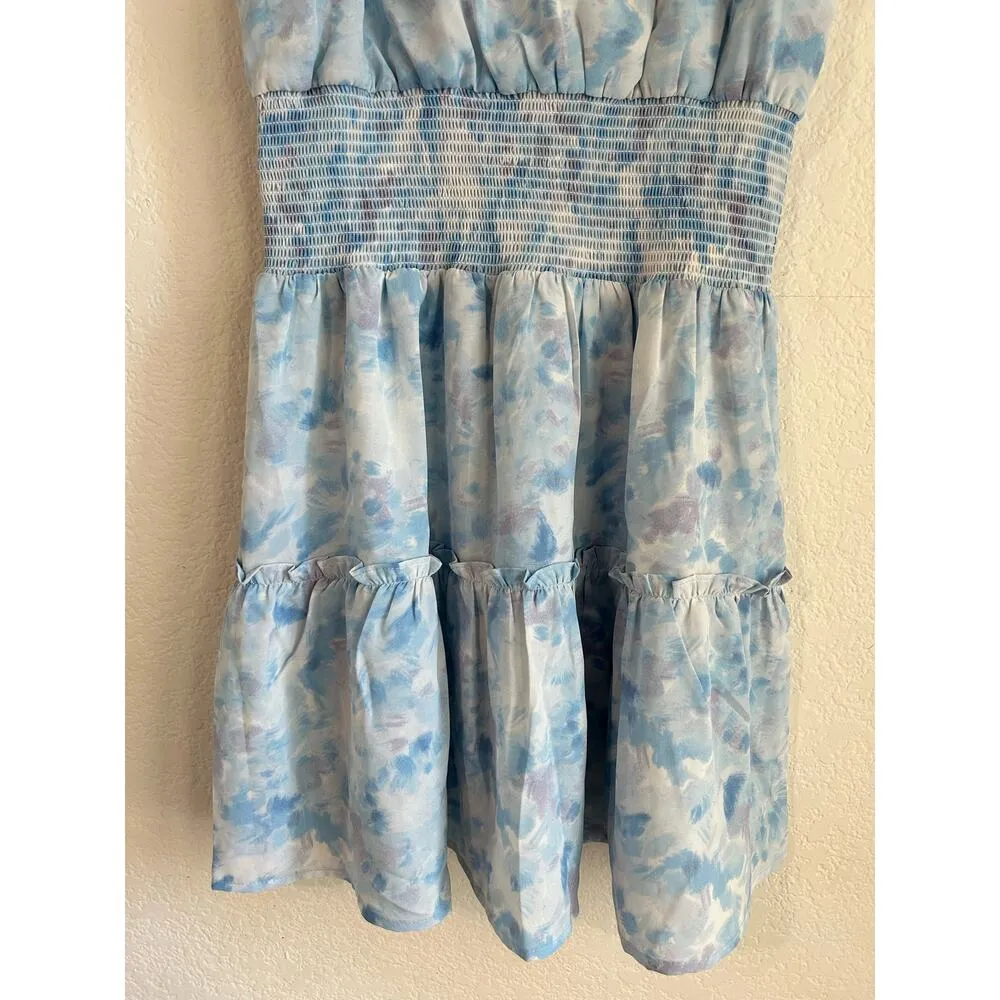 KLD Signature Blue Watercolor Sleeveless Smocked Mini Dress V Neck Size Medium - Image 7