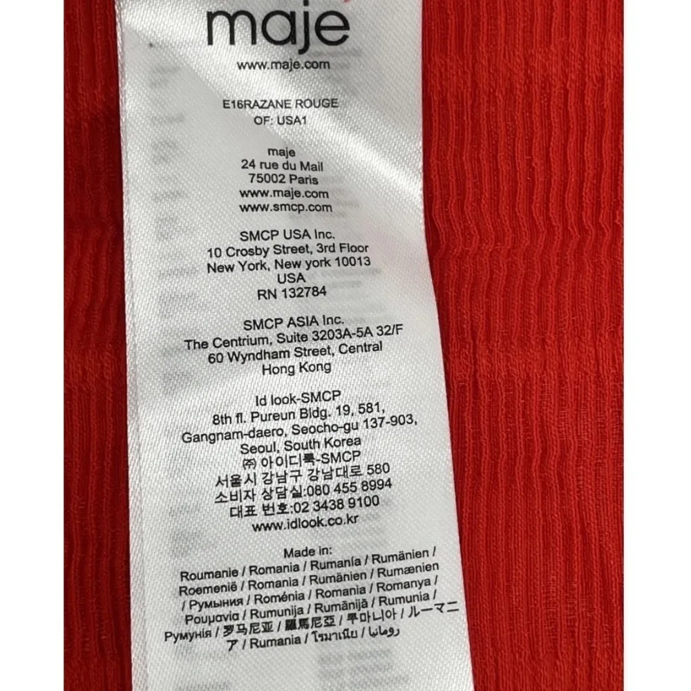 Maje Red Textured Smocked Waist Short Sleeve Ruffle Hem Dress Size 1 - Image 7