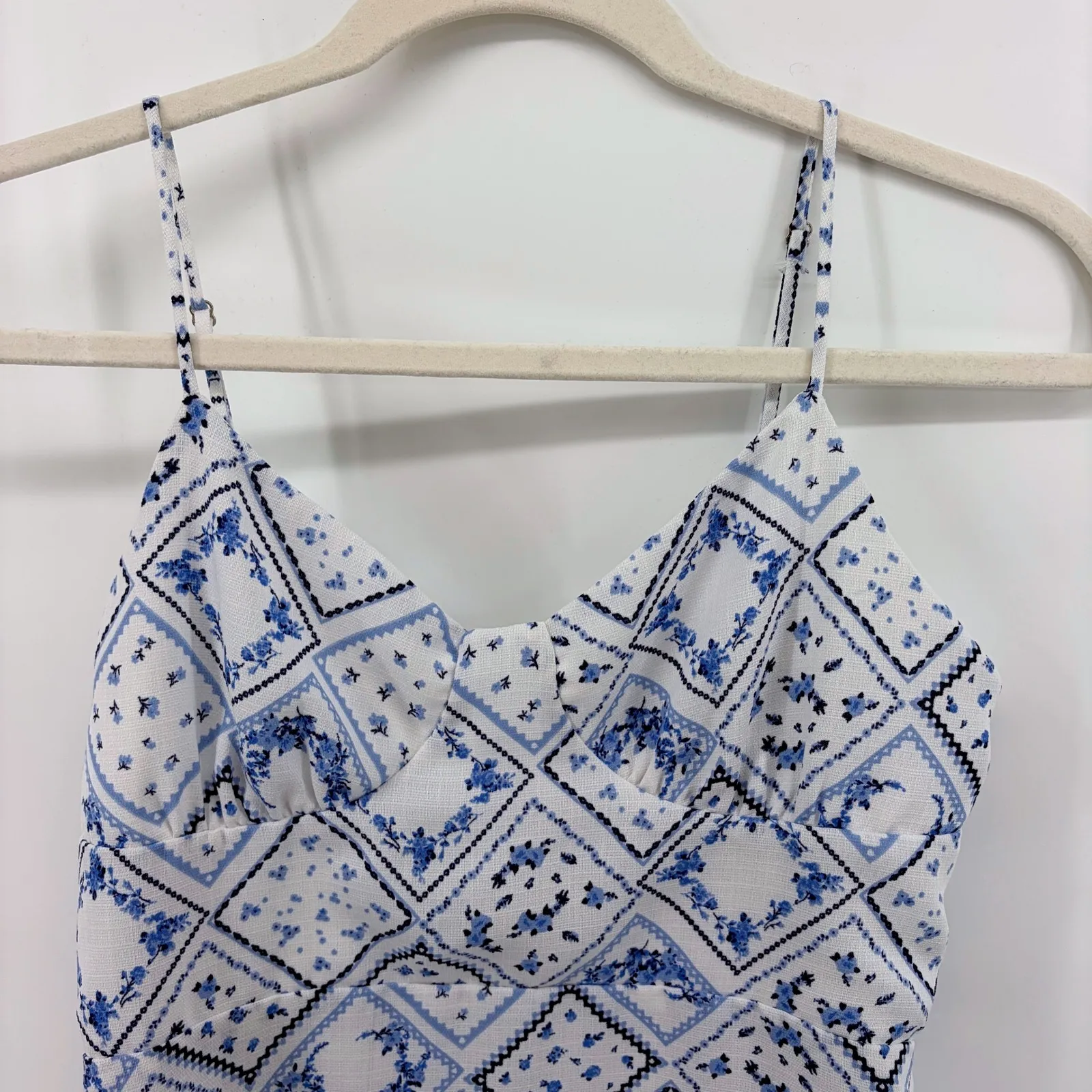 Altar'd State White Blue Floral Patchwork Mini Slip Dress Spaghetti Straps Small - Image 3