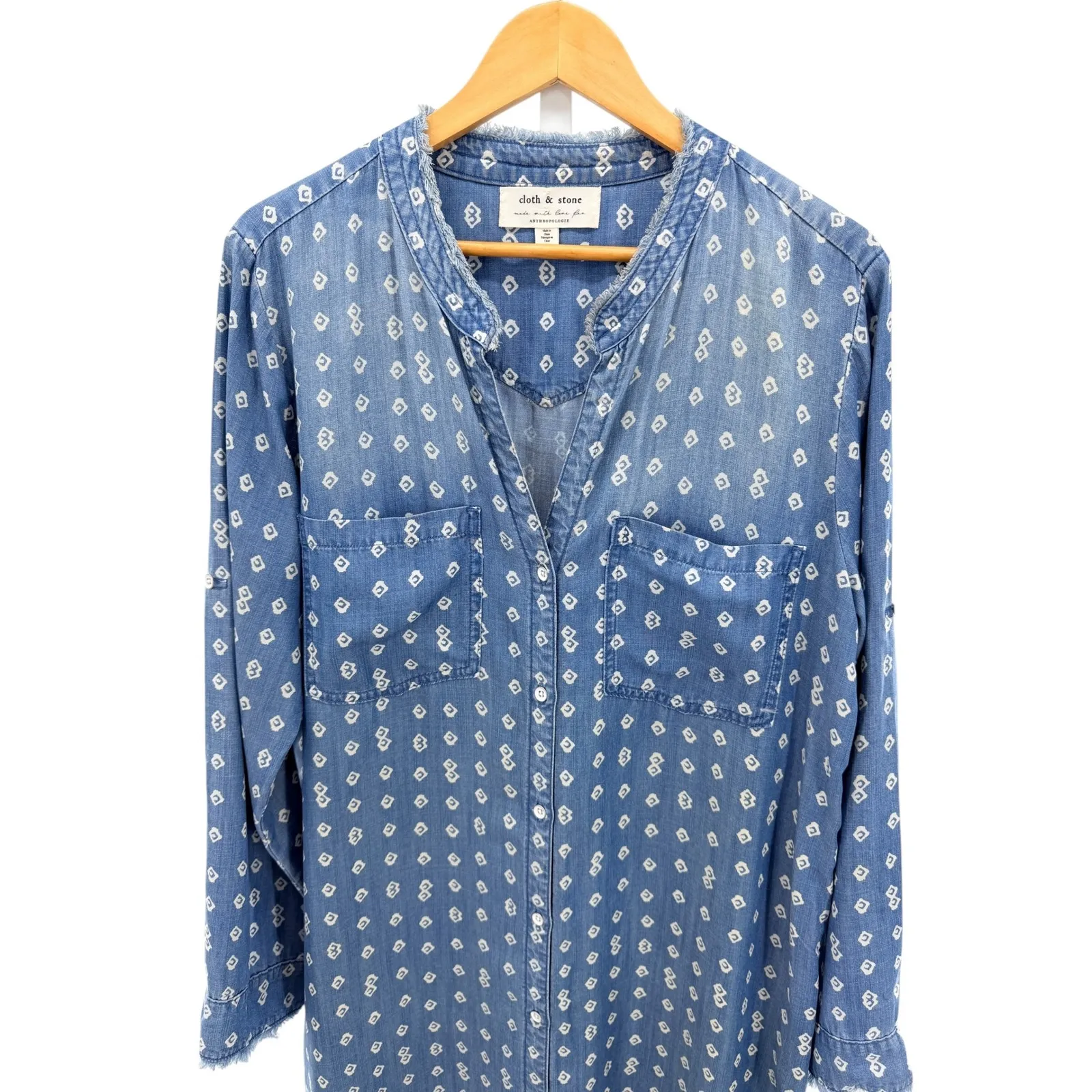 Cloth & Stone Anthropologie Blue Diamond Print Tencel Button Down Shirt Dress L - Image 7