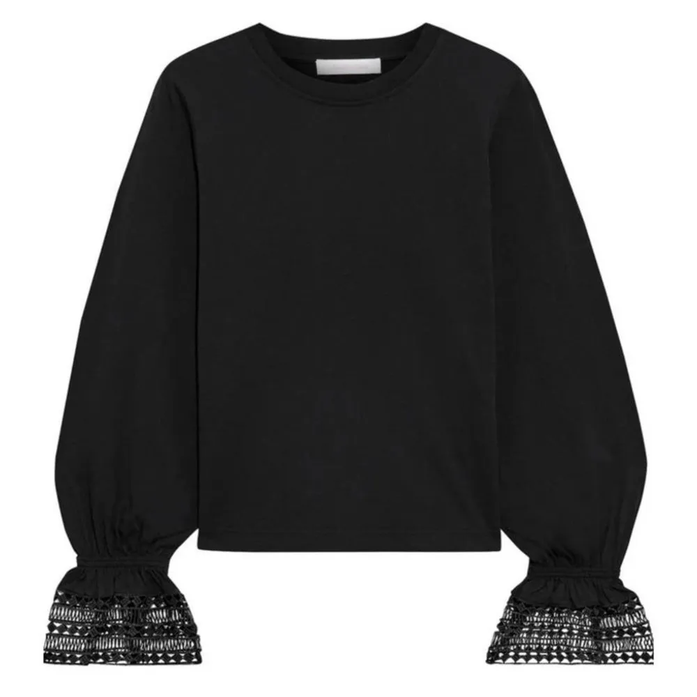 See by Chloe Cotton Crewneck Lace Trim Bell Sleeve Guipure Blouse Black Size S‎ - Image 4