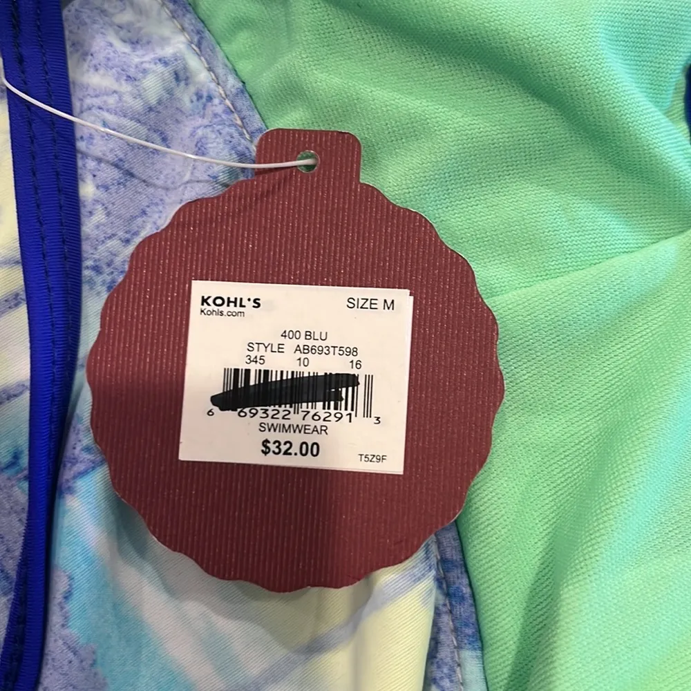 So Halter Tankini Swimwear Top Blue Yellow Hawaiian Print Sz M - Image 6