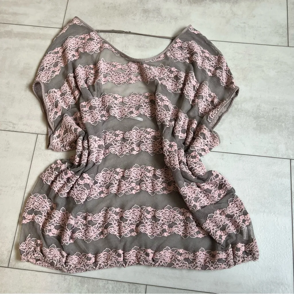 Free People Womens County Fair Blouse Top Sheer Taupe Pink Banded Bottom Size L - Image 11