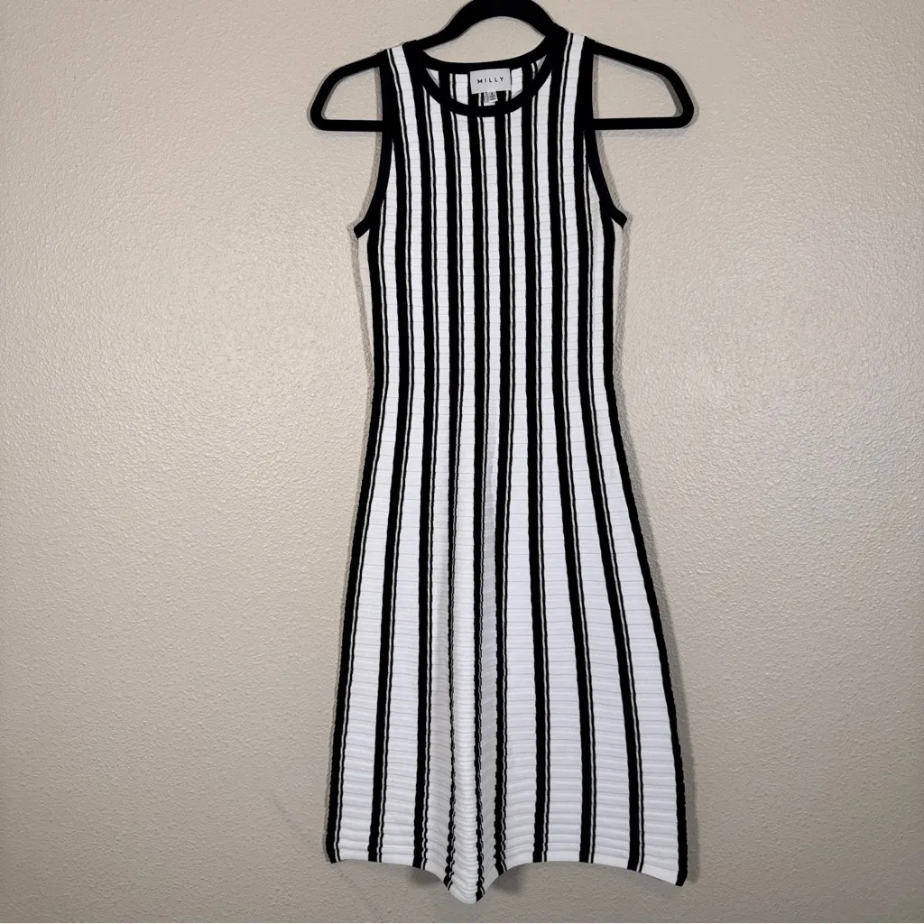 Milly Black White Striped Knit Fit & Flare Sleeveless Dress Womens S Classic - Image 9