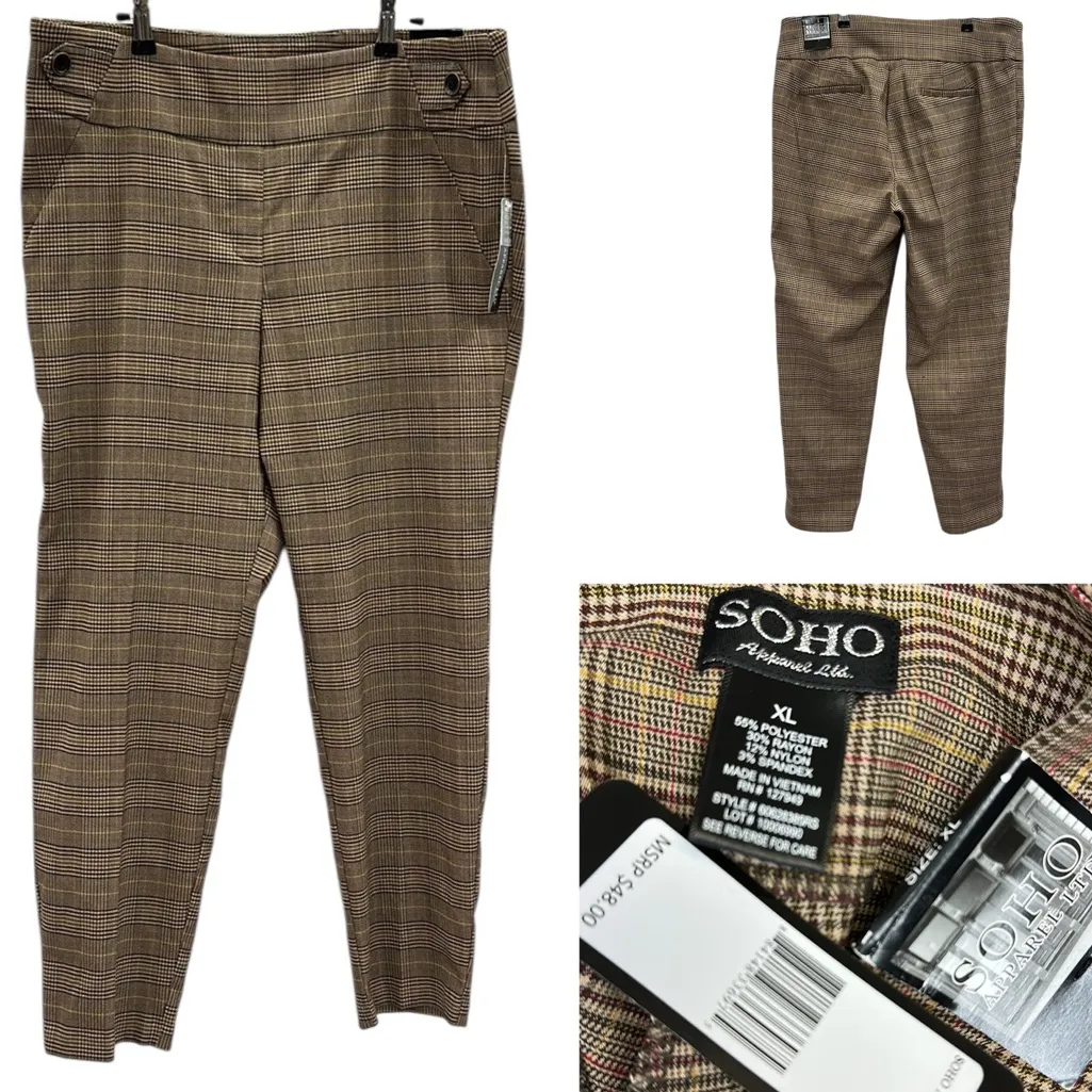 Soho Apparel Ltd Glen Plaid Check Pull On High Waist Pants Faux Pockets Size XL Tan - Image 2
