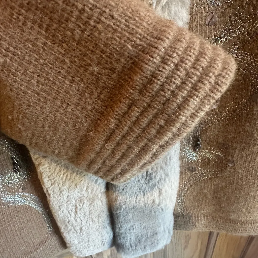 Arte International Faux Fur Trim Cardigan Sweater Sequin Rhinestone Embellshed Brown Size M - Image 4