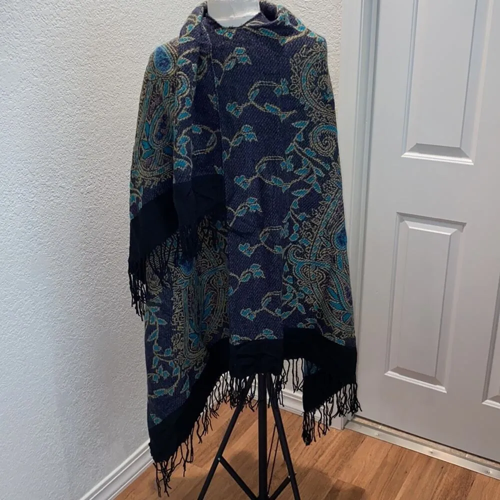 29 Palms Fringed Wrapped Shrug Scarf Shawl w/ Green & Blue Paisley Leafy EUC OS Size undefined - Image 4