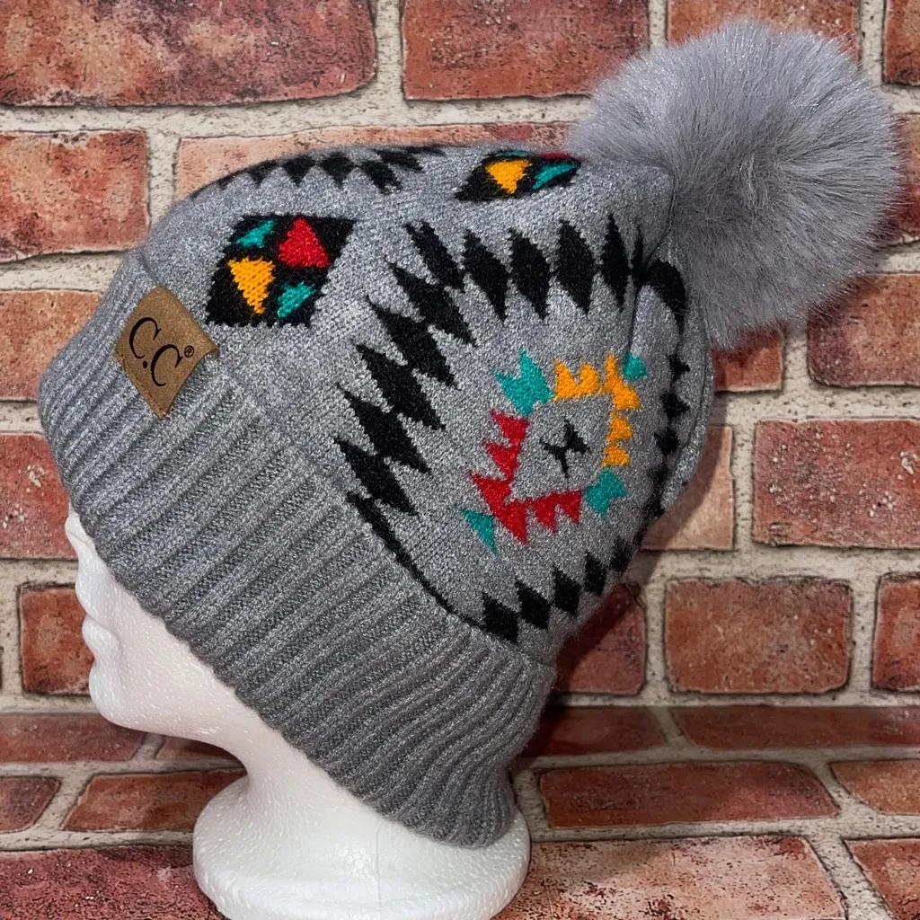 New C.C Beanie Gray Colorful Aztec Western Knit Hat Winter Faux Fur Pom Unisex - Image 6