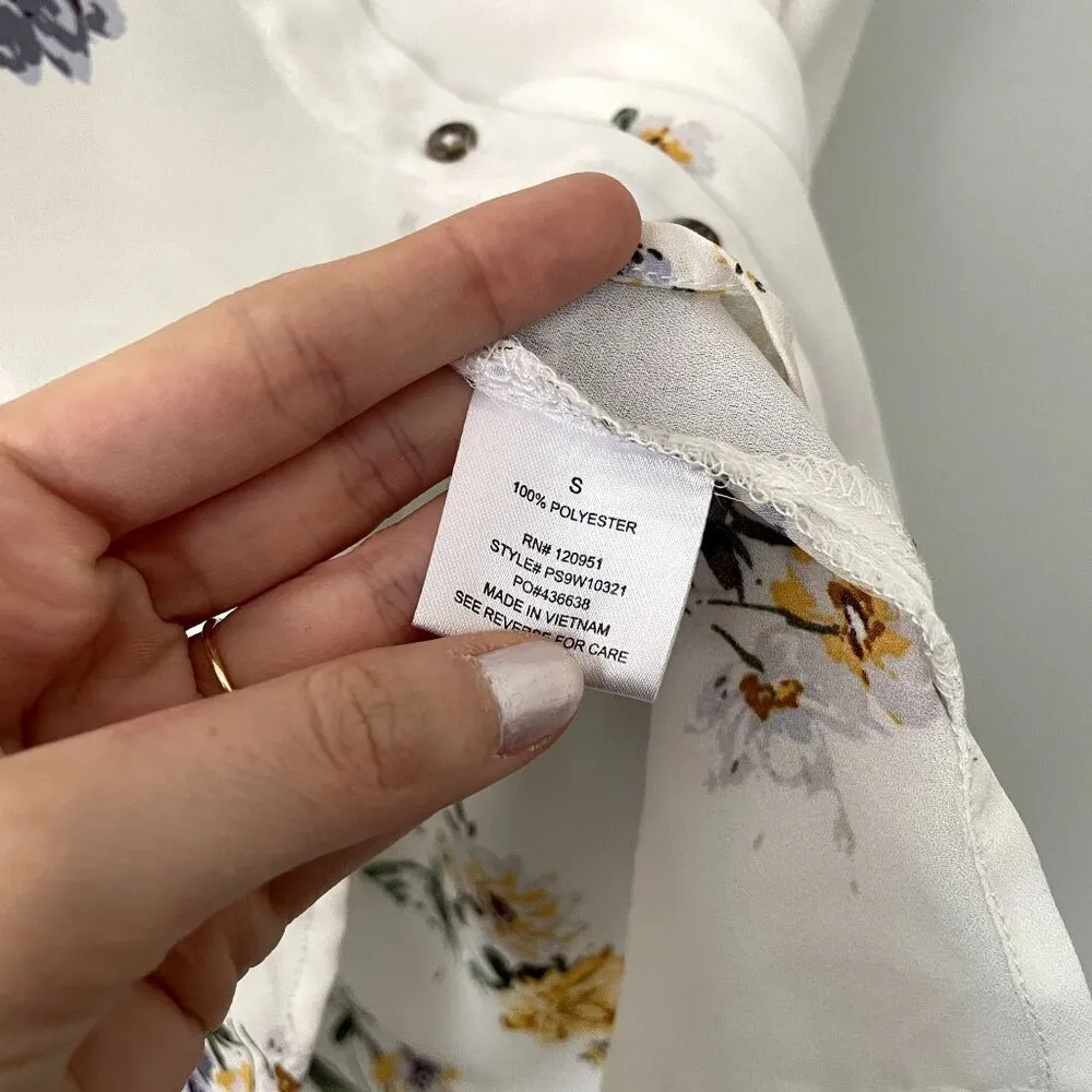 Pink Rose floral blouse short sleeved button down shirt blue yellow women size S - Image 5