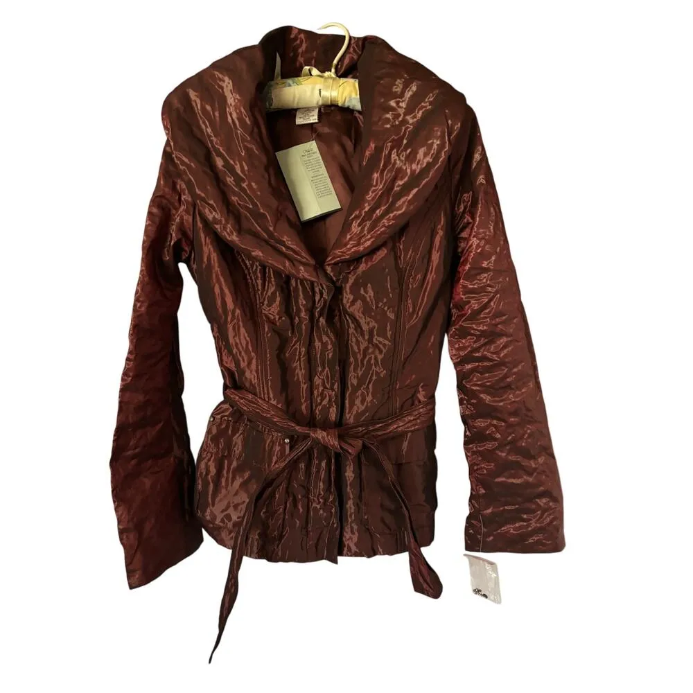 Cache Berry Metallic Sheen Jacket Lined Belt Puffer Exaggerated Collar NWT $238 Red Size L - Image 7