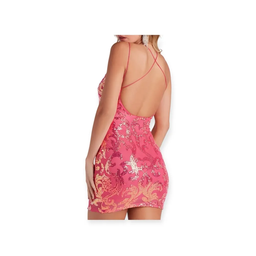 Windsor 𒀭 Plunging V Neck Sequin Mesh X Back Bodycon Mini Dress 𒀭Hot Pink 𒀭Large - Image 14