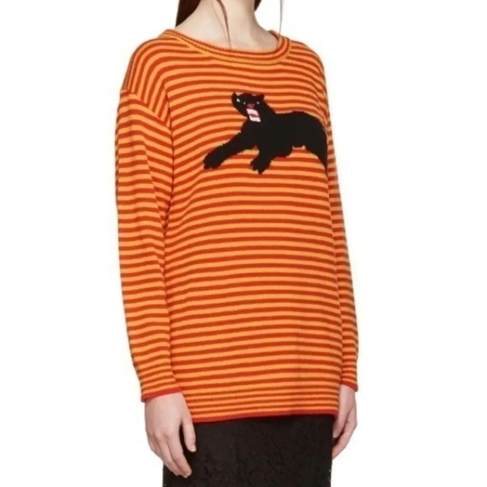 Gucci Red & Yellow Intarsia Wool Puma Knit Striped Crewneck Sweater Size M NWT - Image 2