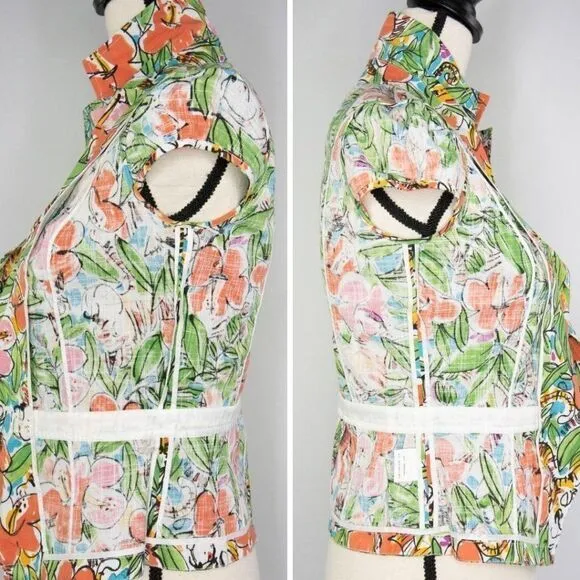 Vintage floral print short sleeve jacket, green and red, cotton blend‎ Size XXS - Image 16