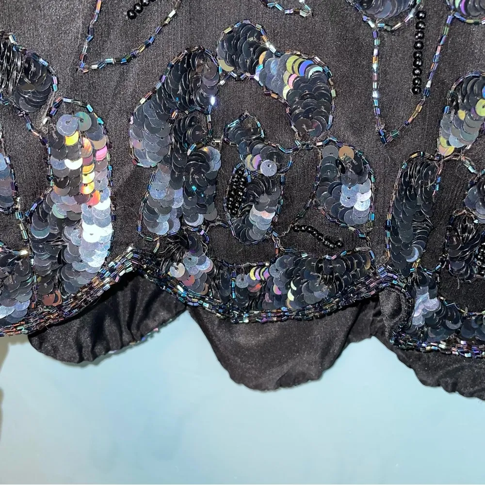 Papell Boutique Vintage Sequined Evening Top Silk Scalloped Hem Petite Medium - Image 6