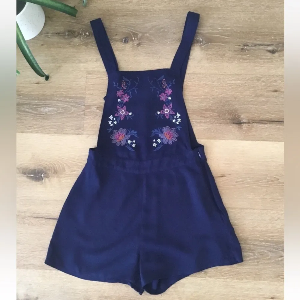 H&M Navy Blue Floral Embroidery Design Bib Summer Romper Playsuit Size 8 - Image 3