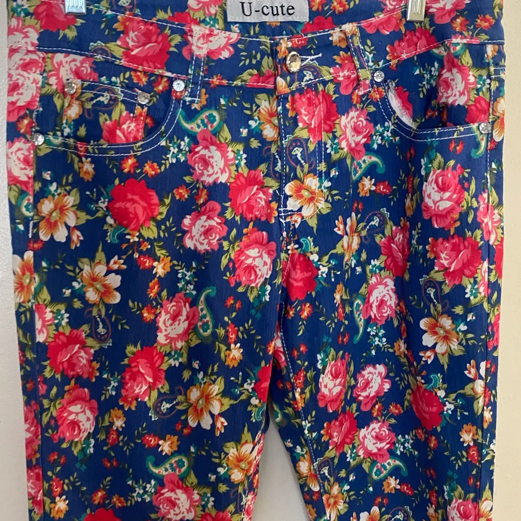 Vintage U Cute Womens Juniors Floral Light Denim Jeans Size 11 Blue Red Green - Image 2