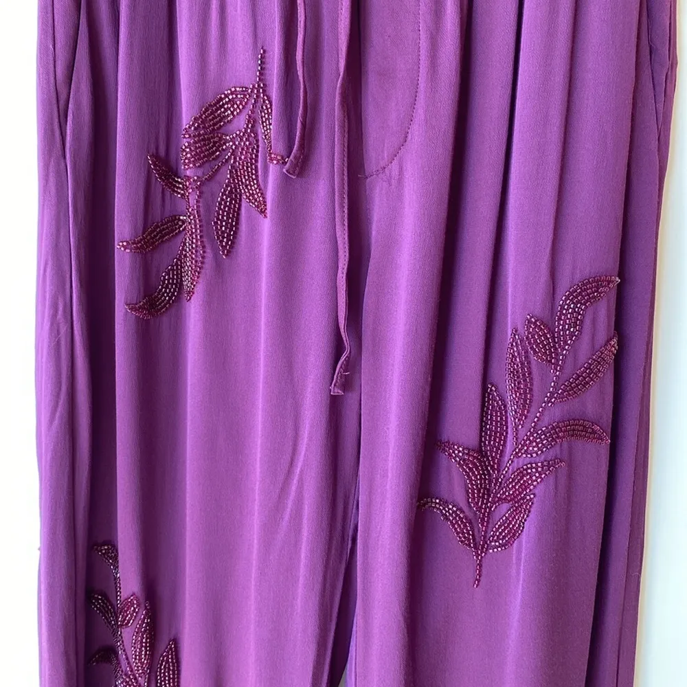 ~ HIGH-WAIST TROUSERS WITH BEADED EMBROIDERY DARK PURPLE Small - Image 2