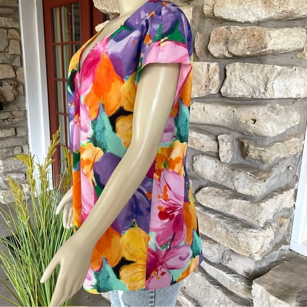 Lauren Ralph Lauren Size Large Watercolor Floral Print Crepe Tunic Blouse - Image 5