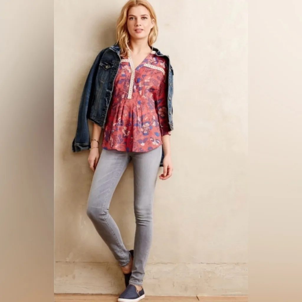 Maeve x Anthropologie‎ Abella Floral & Butterfly Crochet Pintuck Tunic Blouse 2 - Image 4