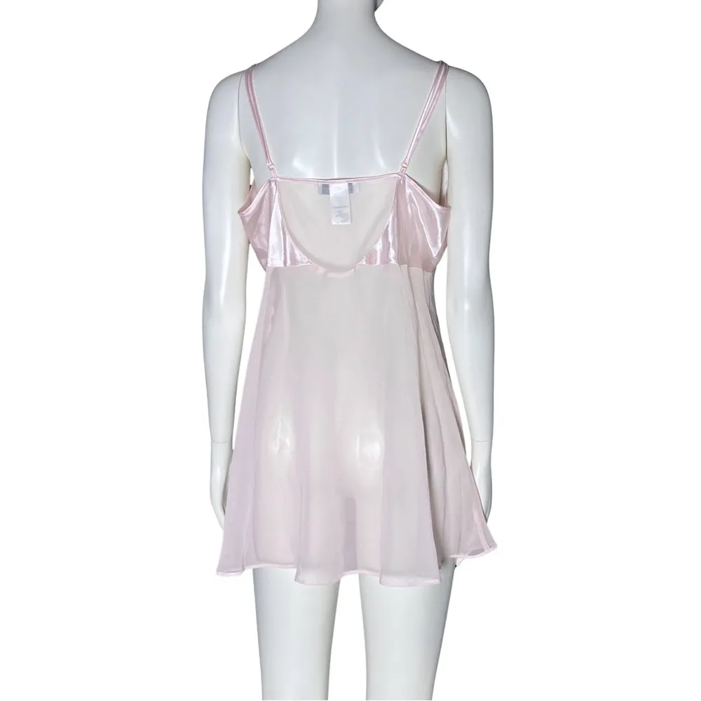 Vintage 90s Y2K Pink Lingerie Slip Dress Sheer Embroidered Beaded M/L Coquette Size L - Image 5