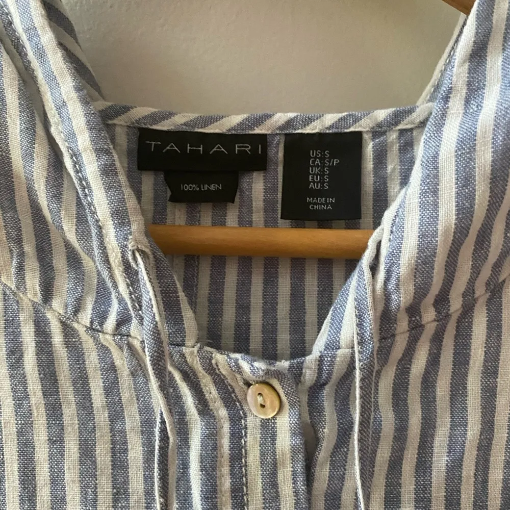 Tahari  100% Linen Stripe Hoodie Button Front Shirt Size Small EUC - Image 2