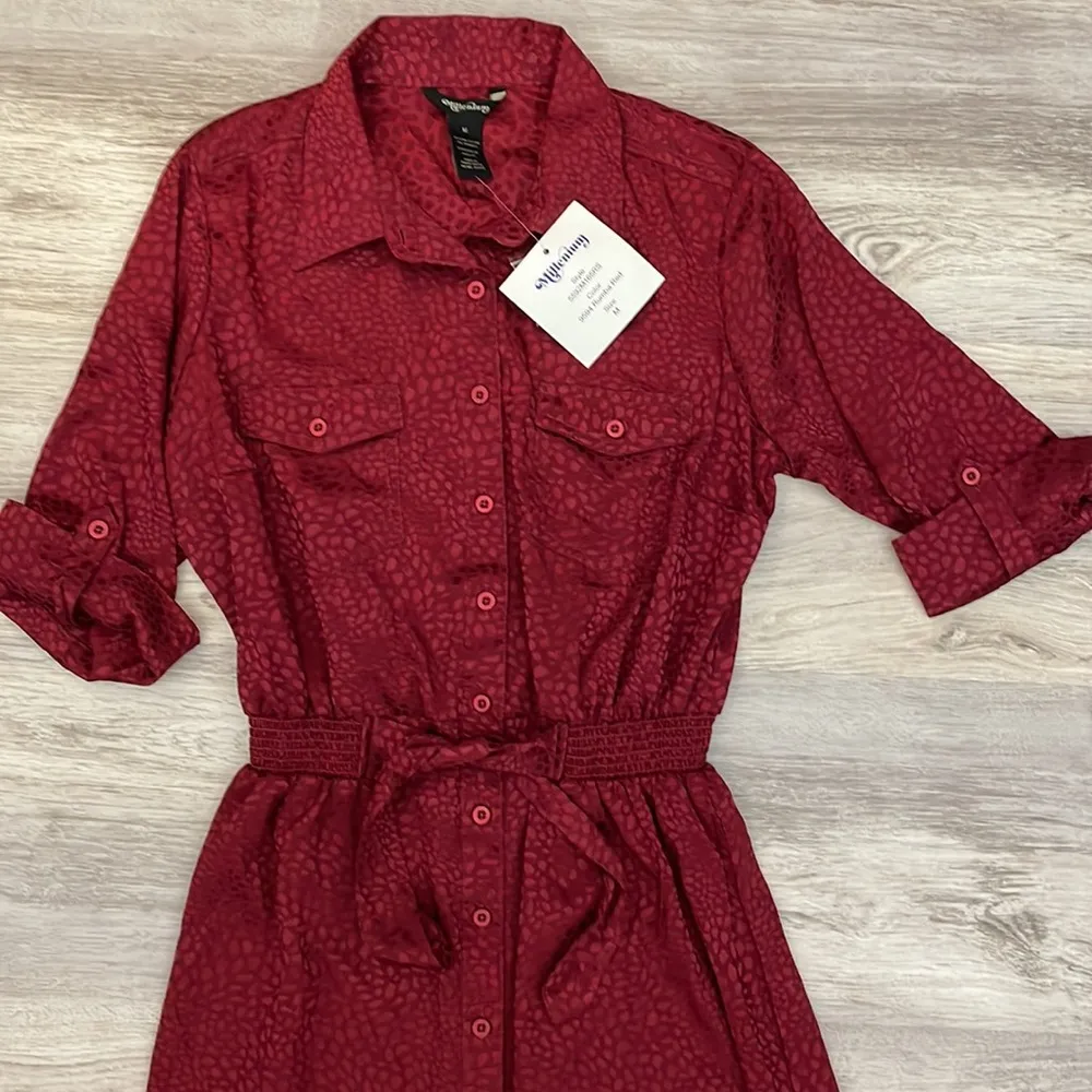 NWT Millennium Red Silky Short Sleeve Elastic Tie Waist Midi Dress Size Medium - Image 7
