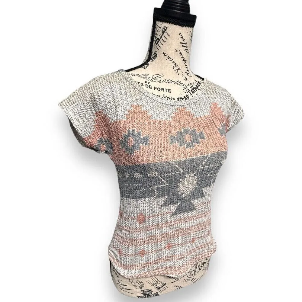 Blu Planet Gray Tribal Knit Top Southwestern Aztec Boho Festival Shirt Sz Medium - Image 2