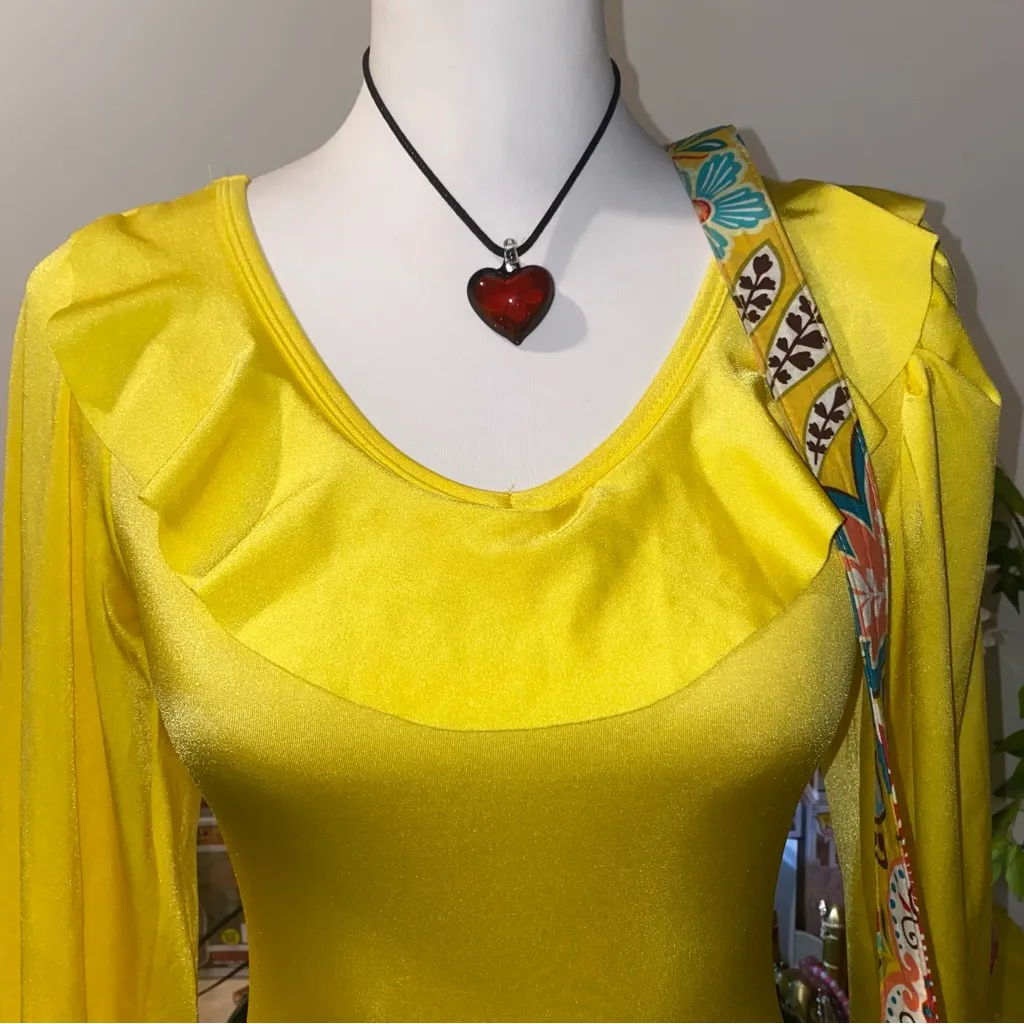 70s vintage yellow whimsical bohemian ruffle long sleeve ballet leotard bodysuit - Image 2