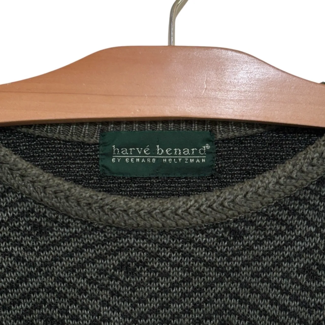 Vtg Harvé Benard Green Grandpa Sweater sz L Diamond Crew Long Sleeve Academia 80 - Image 2