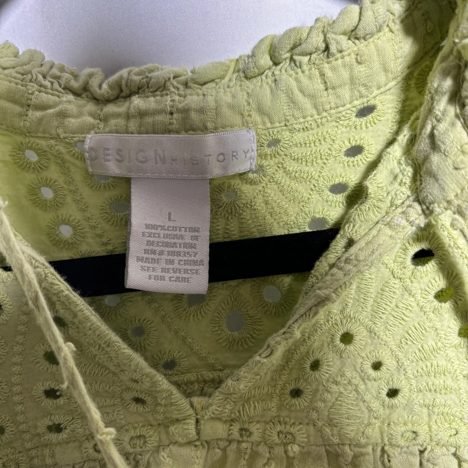 Design History Green Eyelet Ruffle Sleeve Women L Blouse Boho Romantic Swiss Dot - Image 3