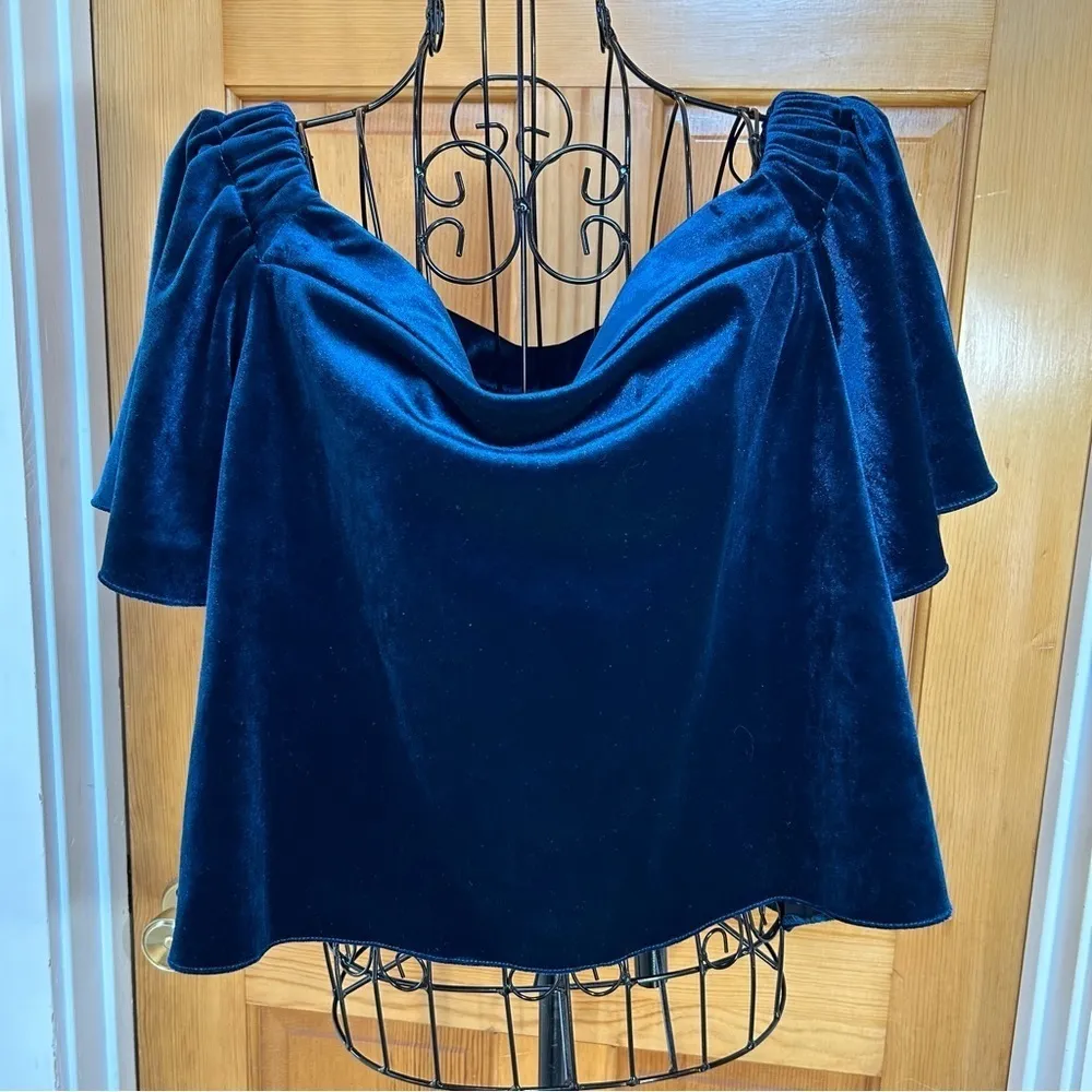 Topshop Bardot Blue Velvet Short Sleeve Off Shoulder Crop Top Size 12 NWT - Image 4