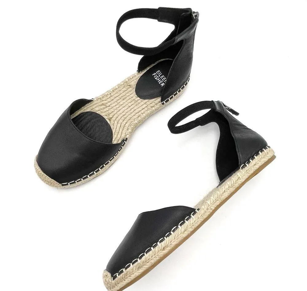 Eileen Fisher Lala Leather Espadrille Flats Black Size 8 Ankle Strap Sandals - Image 2