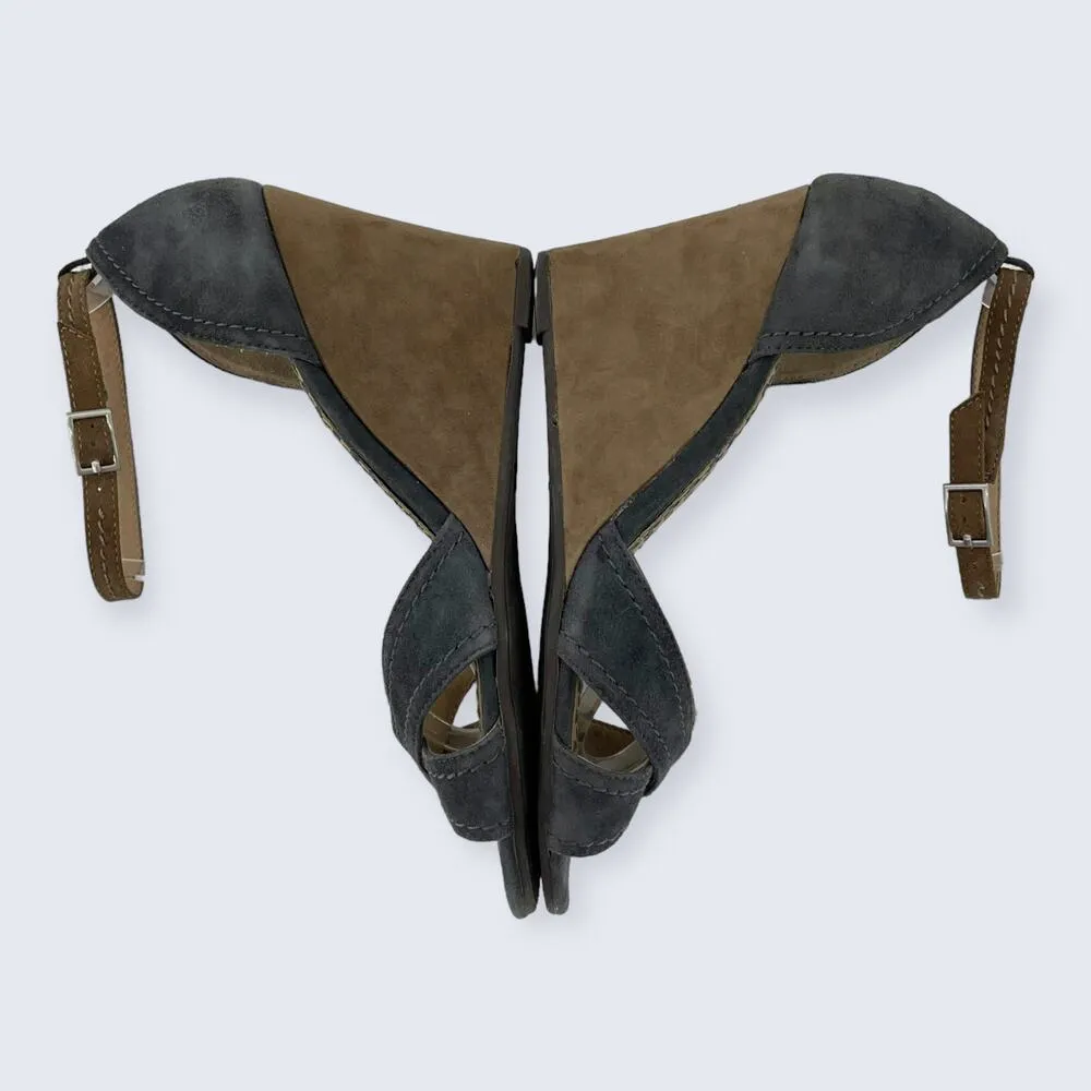 Splendid Dallas Gray & Brown Suede Buckle Ankle Strap 3.5" Wedge Sandal 7.5 - Image 6