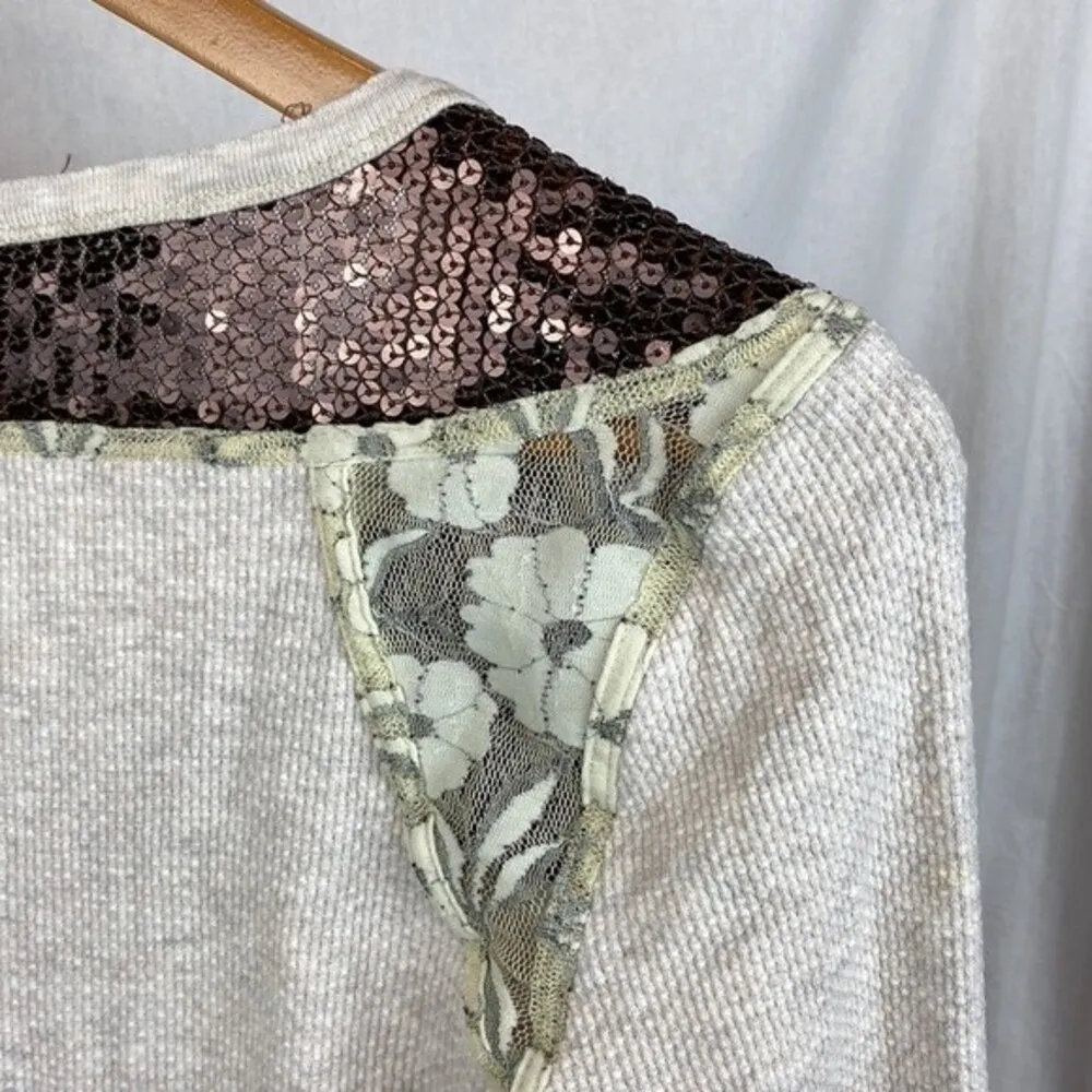 Free People Ivory Henley Long Sleeve Sequins Neck Waffle Weave Tee Shirt S - Image 5