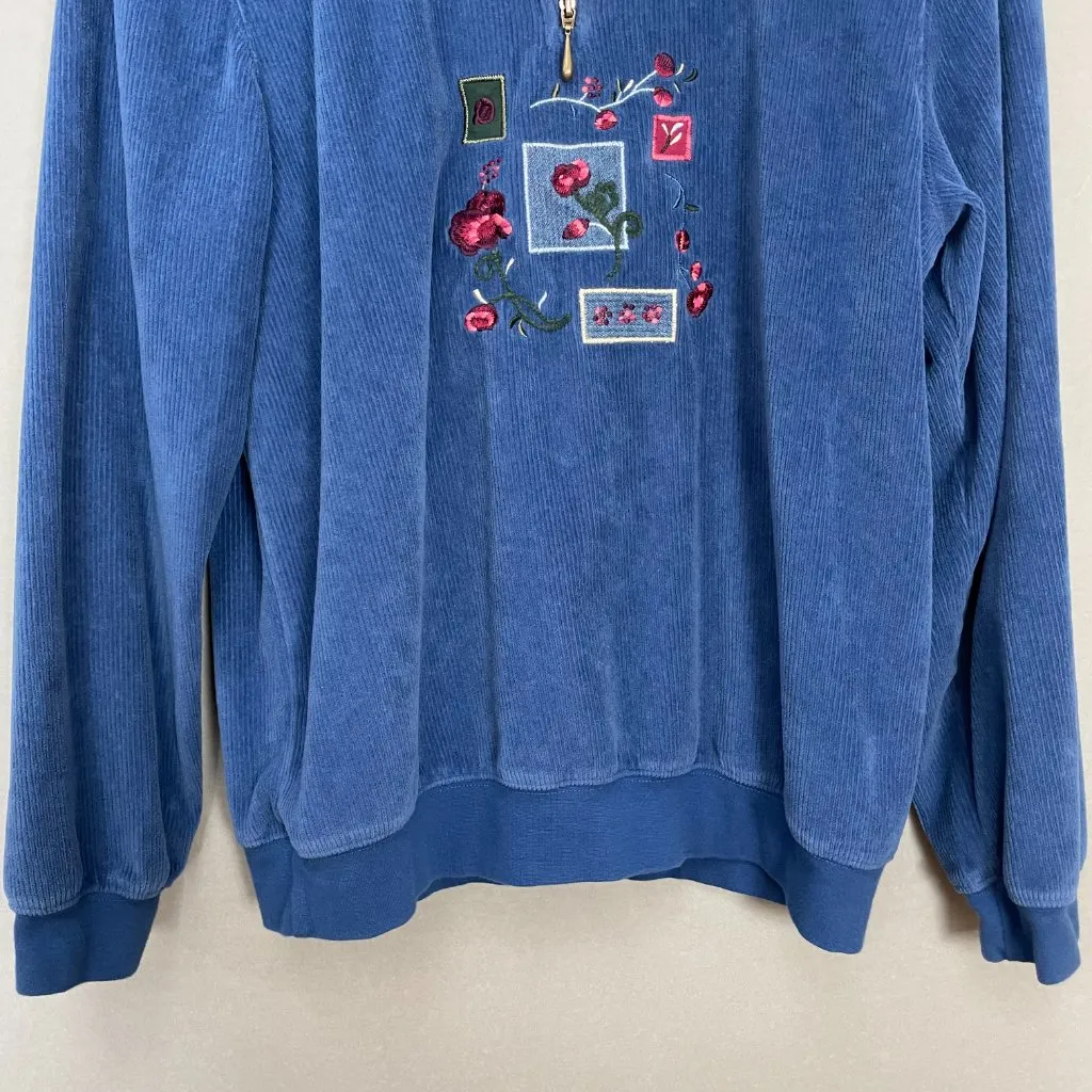 Vintage Sweatshirt Embroidered Flowers‎ Blue Quarter Zip Women Size Medium Koret - Image 4