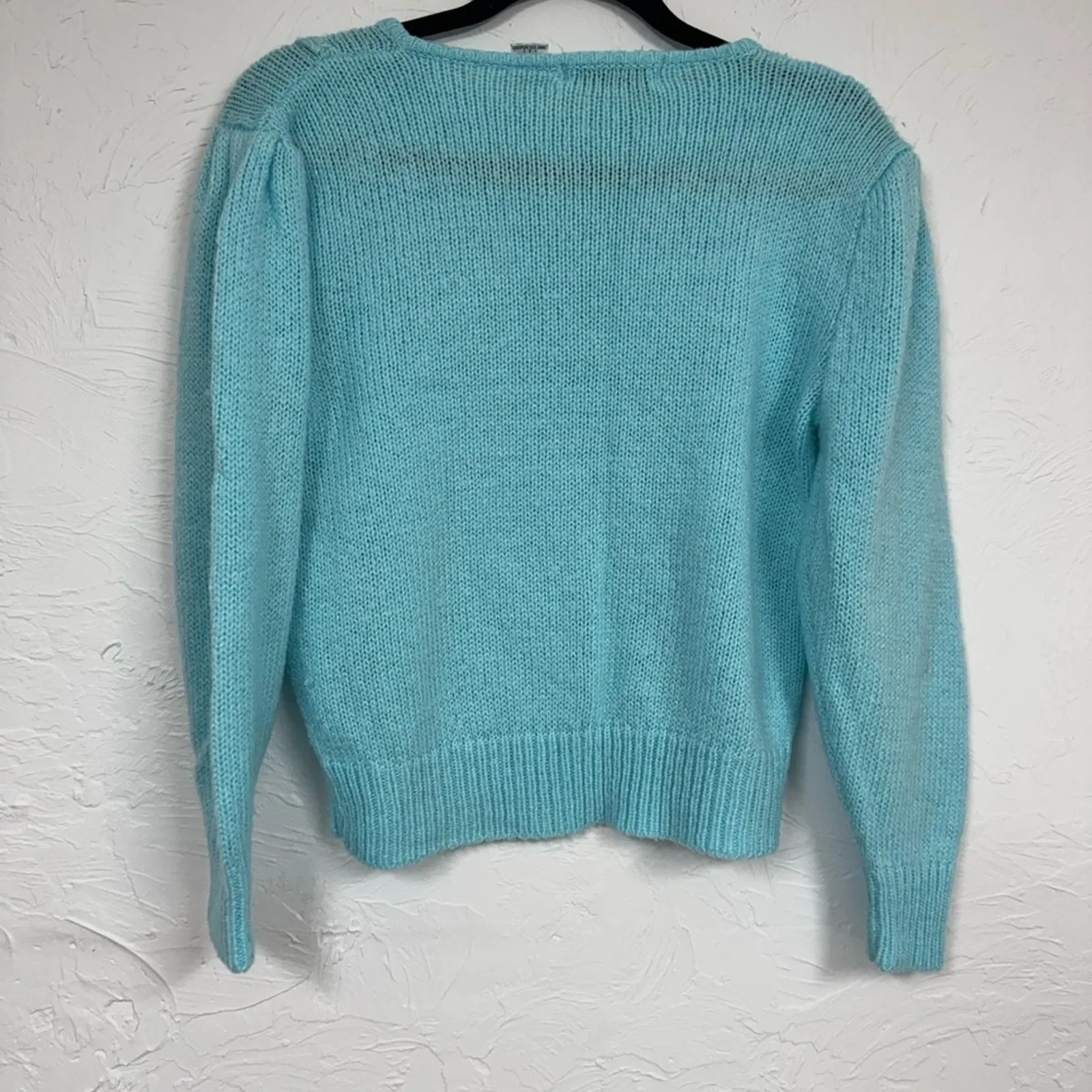 Vintage Teal Blue Appliqué Sweater Womens M Rhinestone 80s Fall Coquette Size M - Image 9
