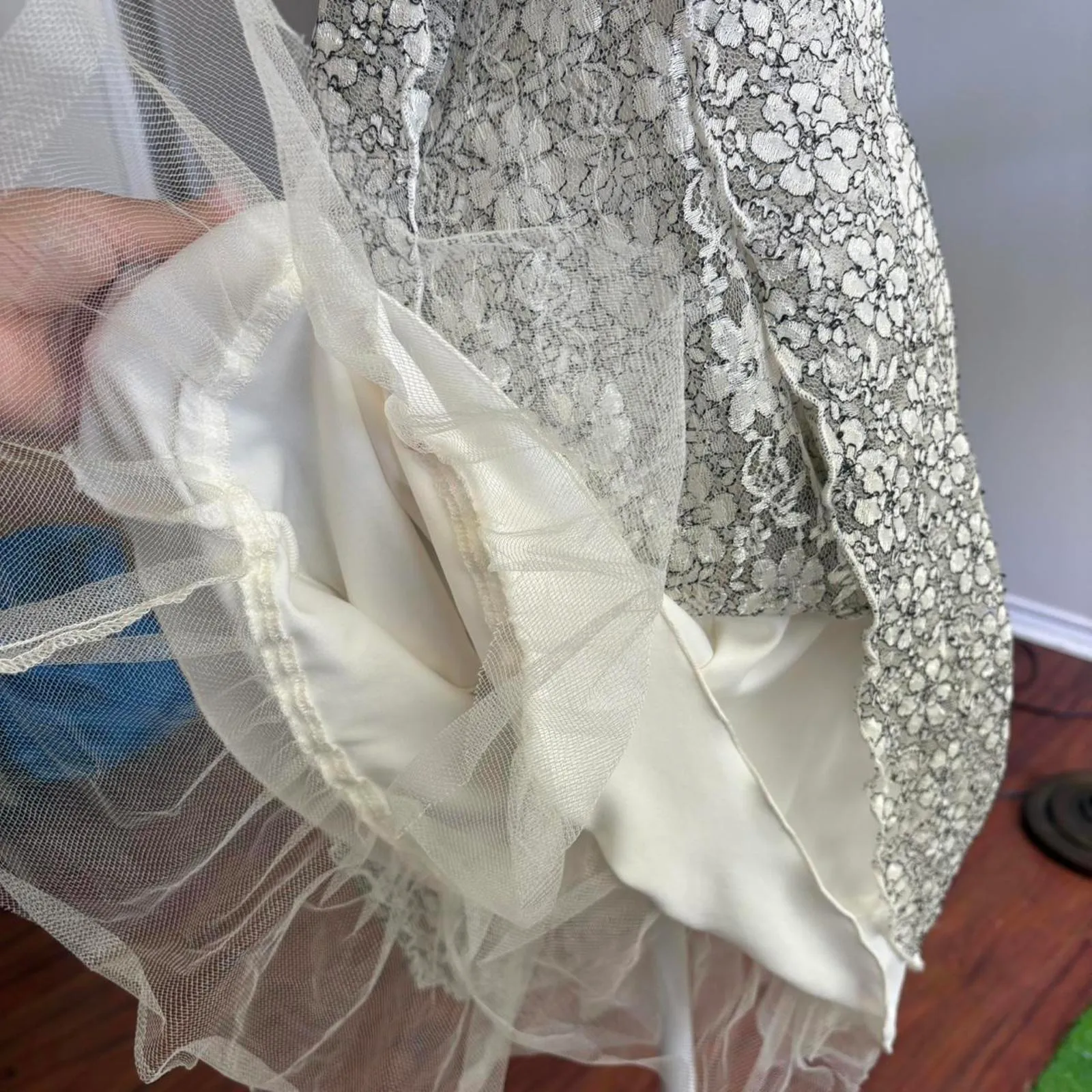 Vintage Y2K B.Darlin Size 9/10 Halter Dress‎ Lace Cream Floral Empire Waist Bow - Image 4