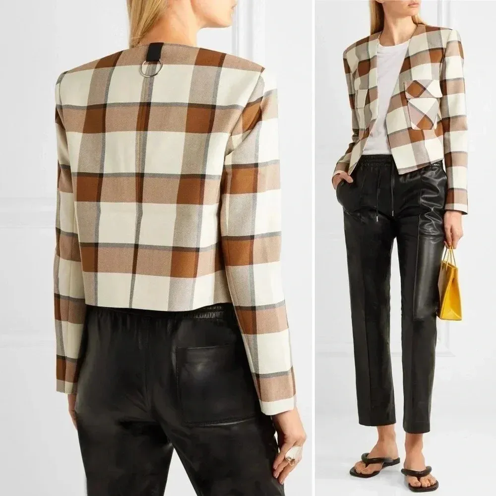 Tibi Dylan Plaid Cream Cropped Jacket Blazer in Ivory Camel Size 12 - Image 4