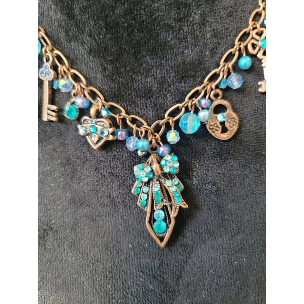 Women's Vintage Bronze Lobster Clasp Key Lock Blue Crystal Charm Necklace Gold - Image 3