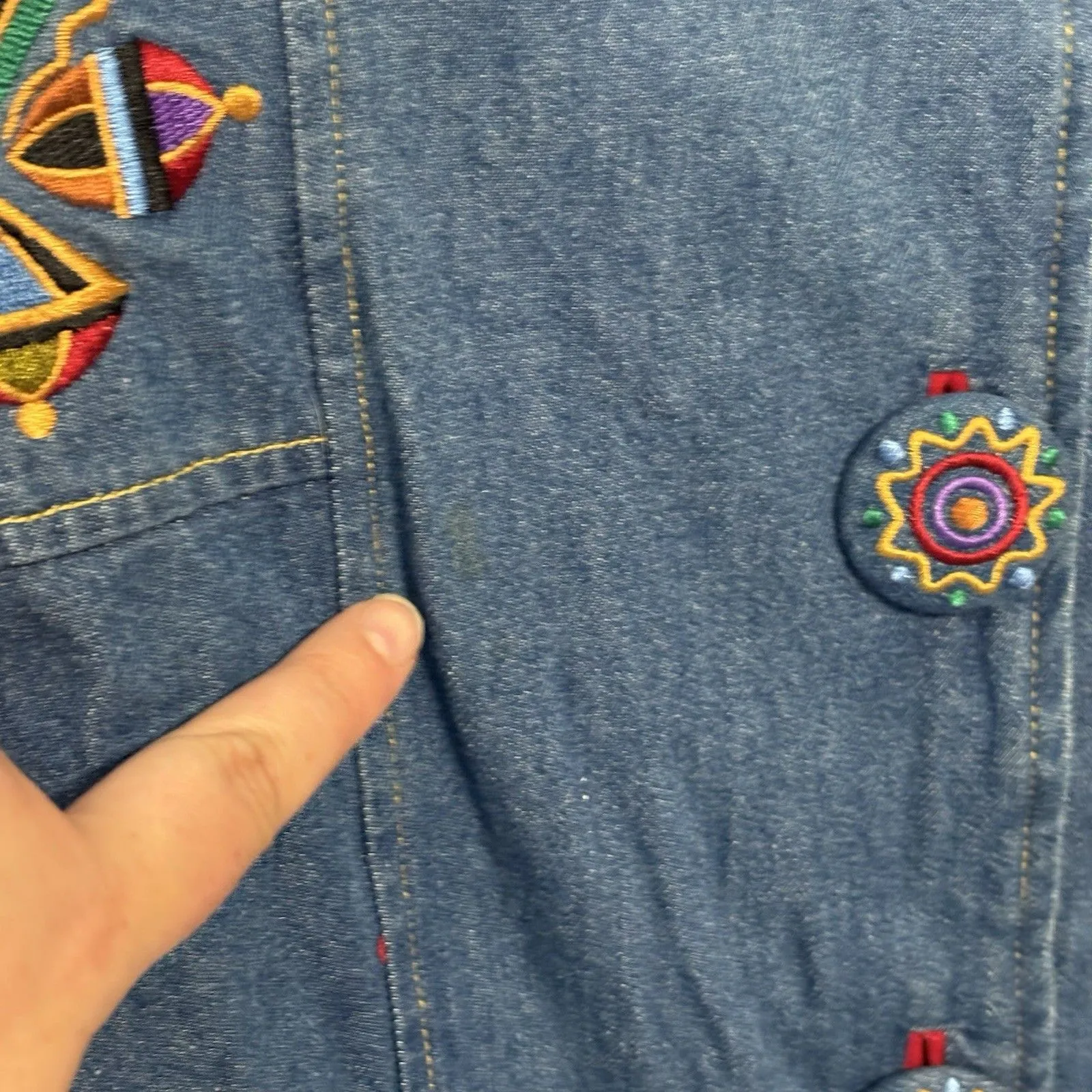 Bob Mackie Wearable Art Denim Jacket Colorful Embroidery Large Artsy Funky 90s - Image 7