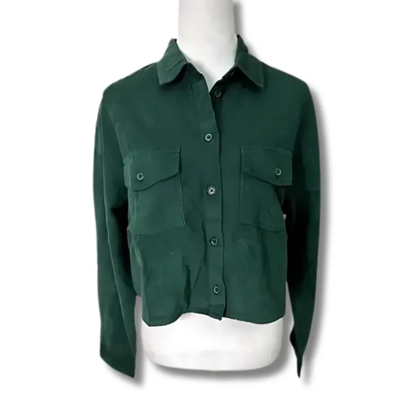BP Crop Shirt Jacket Collar Button-Up Chest Pockets Corduroy Green Women's M NWT - Image 2