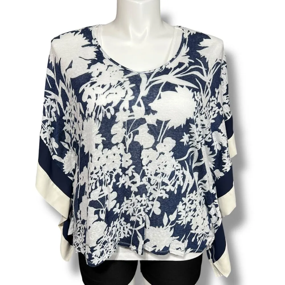 Coldwater Creek Womens Kimono Blouse Shirt Top Linen Floral Pullover Blue White - Image 2