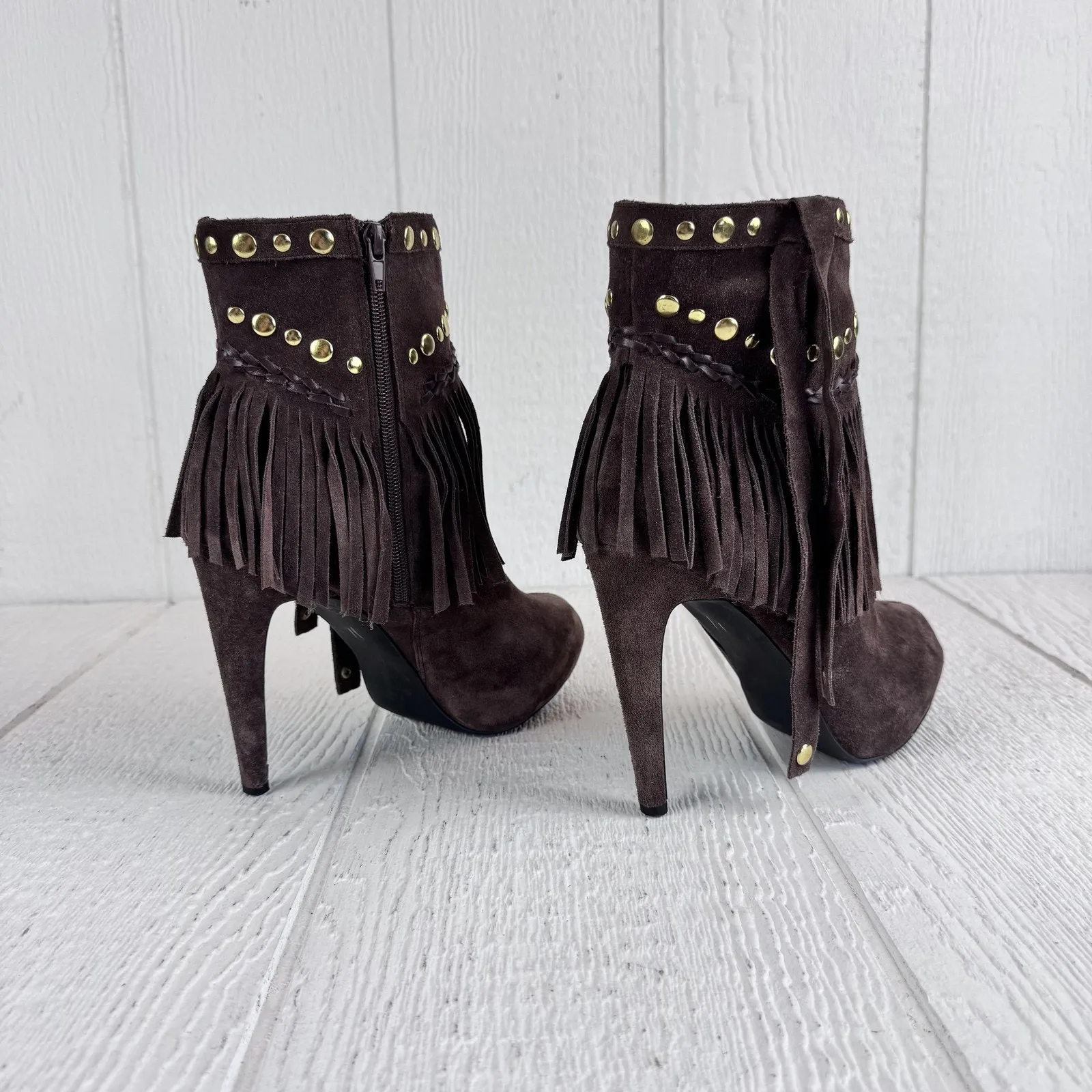 Boston Proper Boots Womens Size 9 Brown Suede Fringe Studded High Heel Booties - Image 5