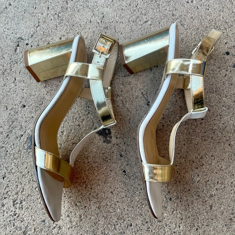 NY White/Gold Chunky Block Heel Sandals Size 8 - Image 5