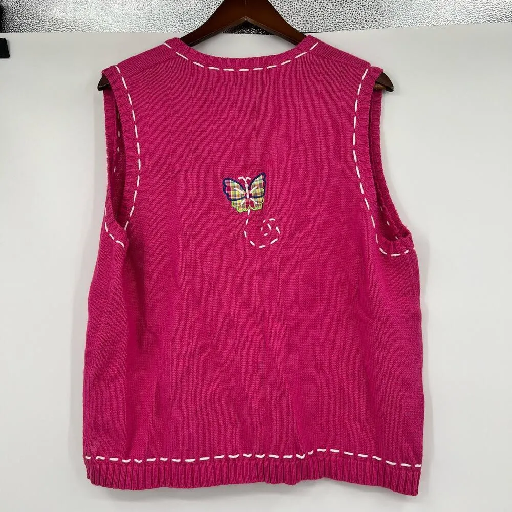 Vintage Mandal Bay Sweater Vest Pink Butterflies Zip Up Embroider Appliqué large - Image 2