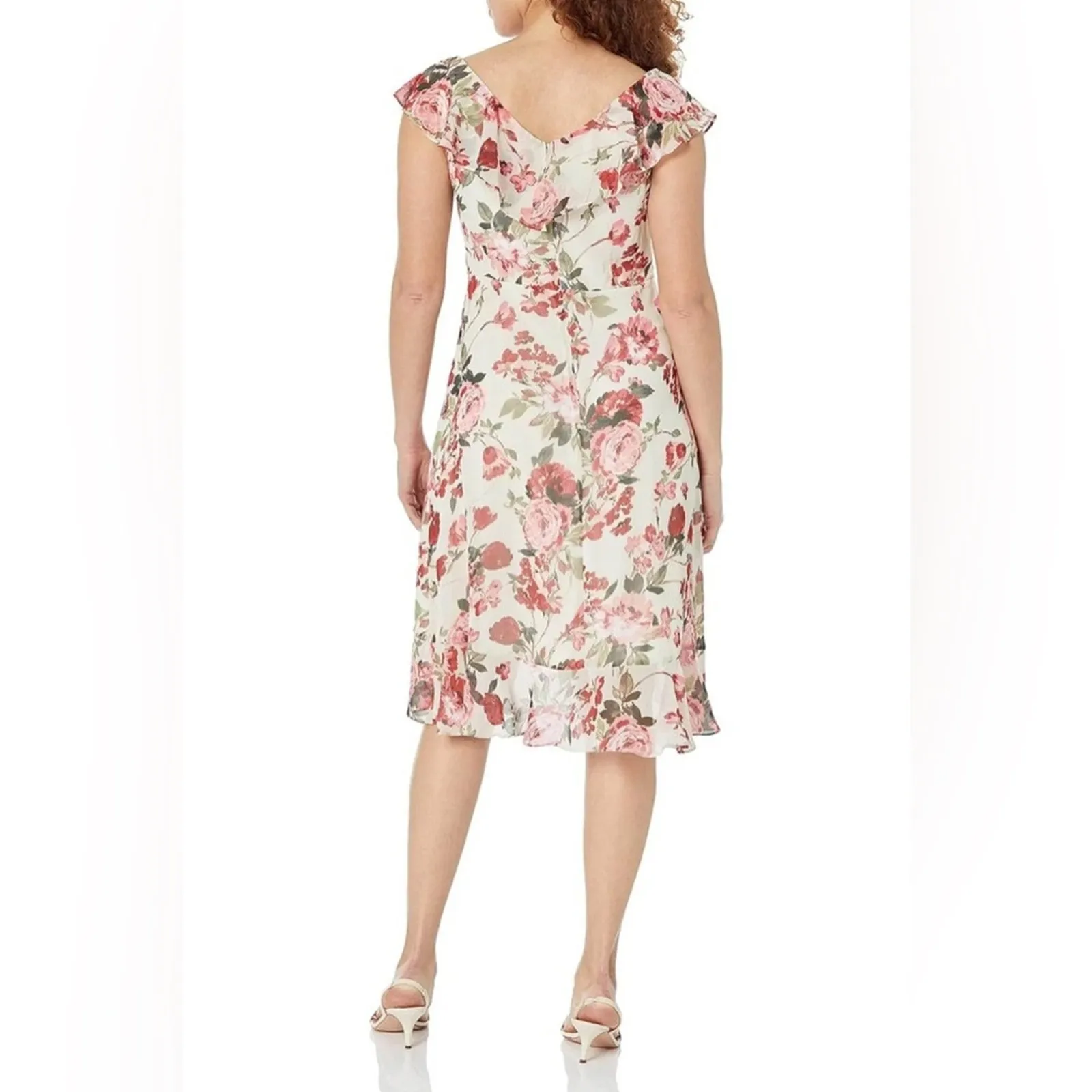 London Times Ruffle Dress Womens 10 White Red Floral Flutter Sleeve Coquette - Image 3