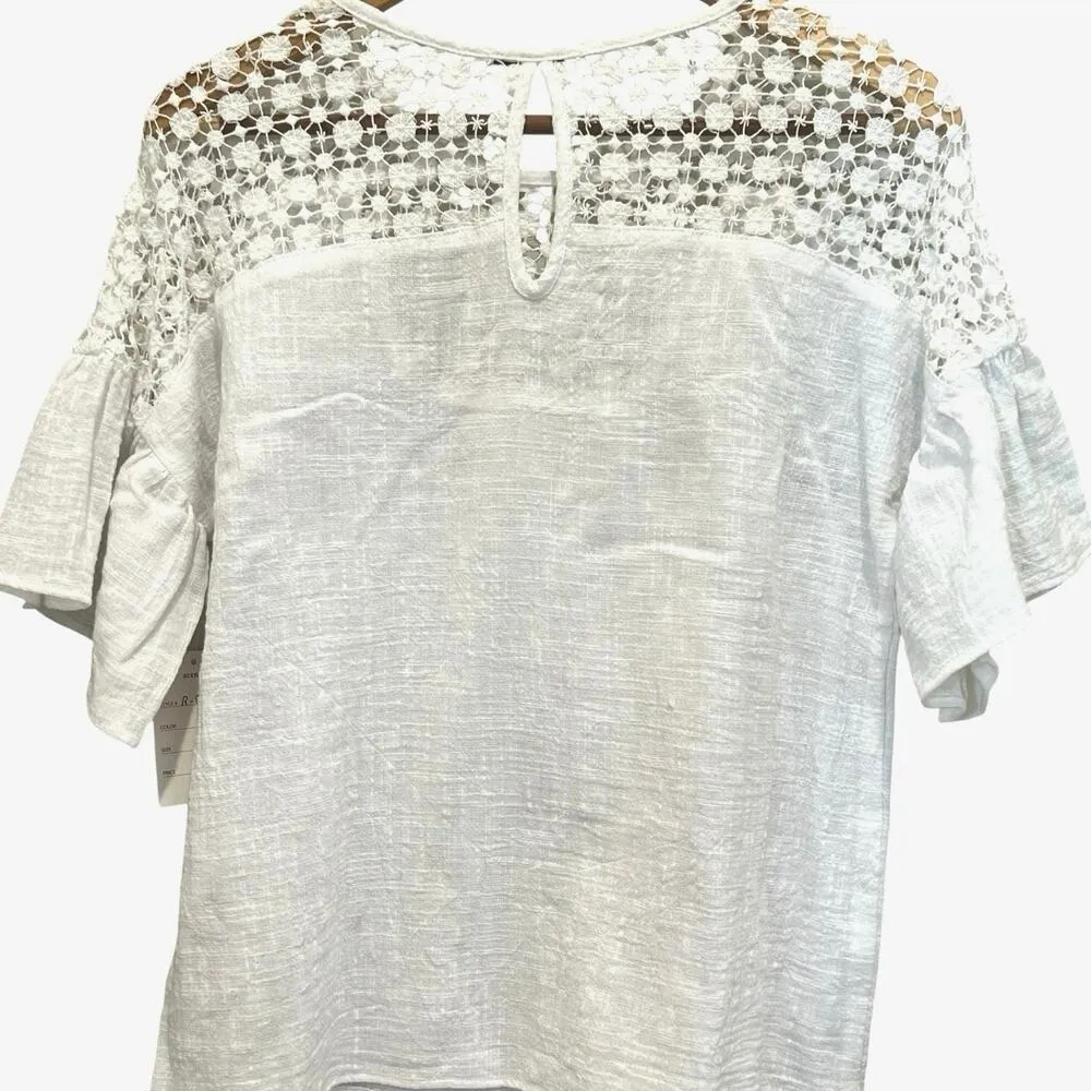 ACEMI Embroidered Lace Blouse Top White Sz L Cotton Sheer Neck Keyhole Boho NEW - Image 4