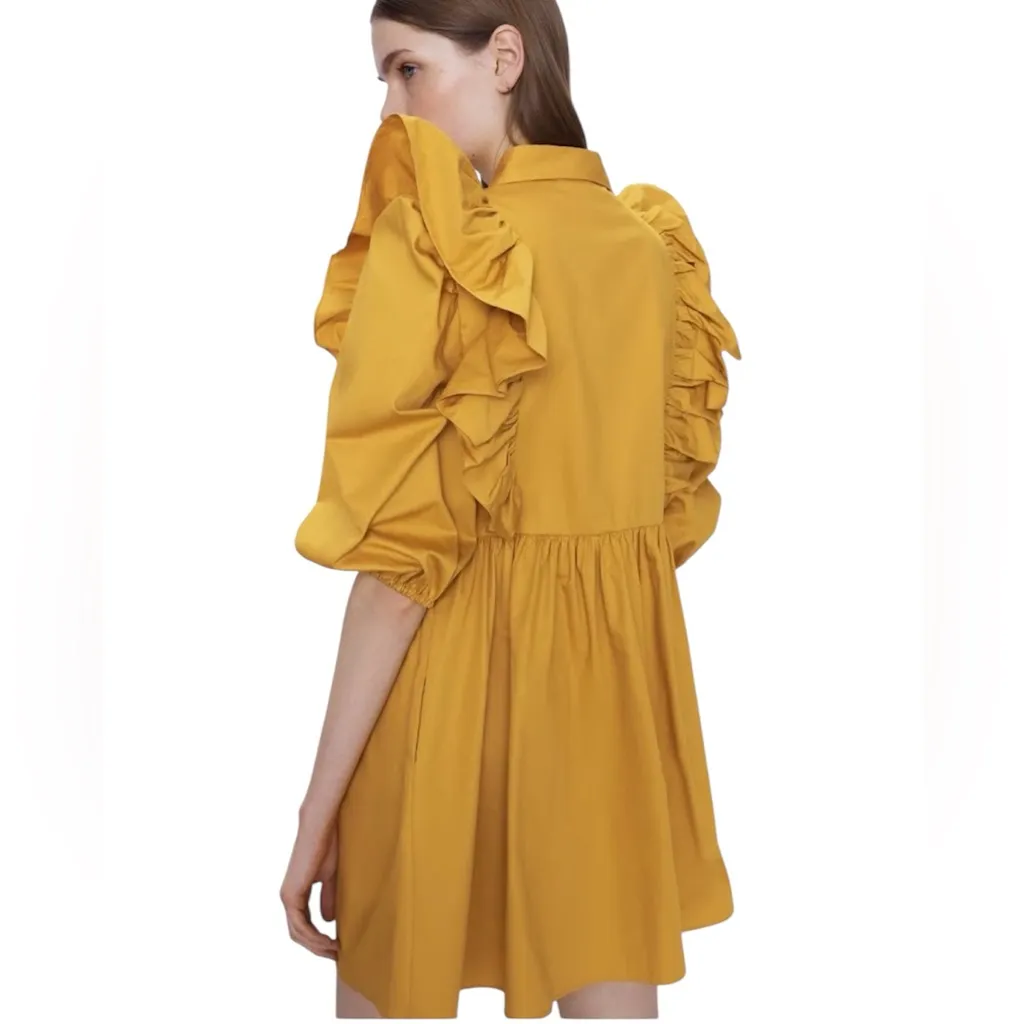 Zara Women’s Mustard Voluminous‎ Ruffled 100% Cotton Button Up Dress Small - Image 2