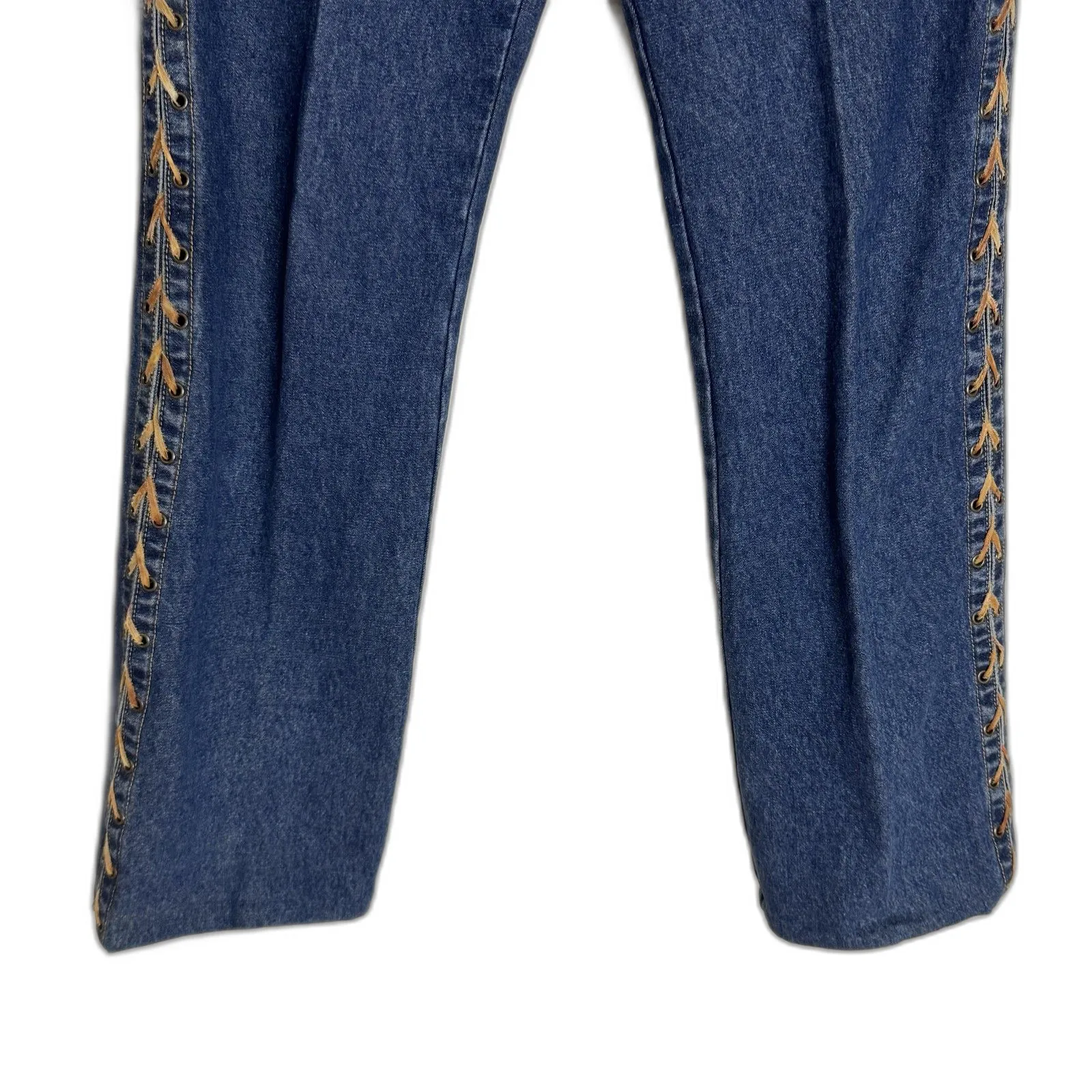 WilliSmith Jeans Womens 8 Blue Denim Straight Leg Laced Sides Western Boho Y2K - Image 3